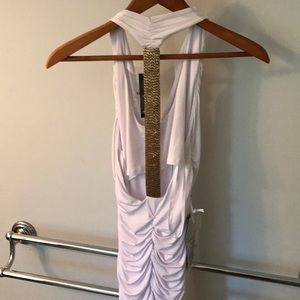NWT Bebe white ruched mini dress with gold back
